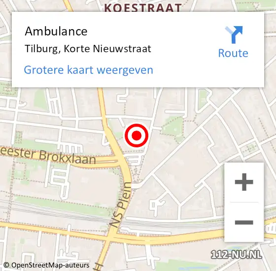 Locatie op kaart van de 112 melding: Ambulance Tilburg, Korte Nieuwstraat op 12 juli 2019 13:58