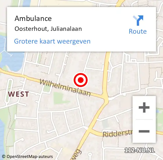 Locatie op kaart van de 112 melding: Ambulance Oosterhout, Julianalaan op 12 juli 2019 19:34
