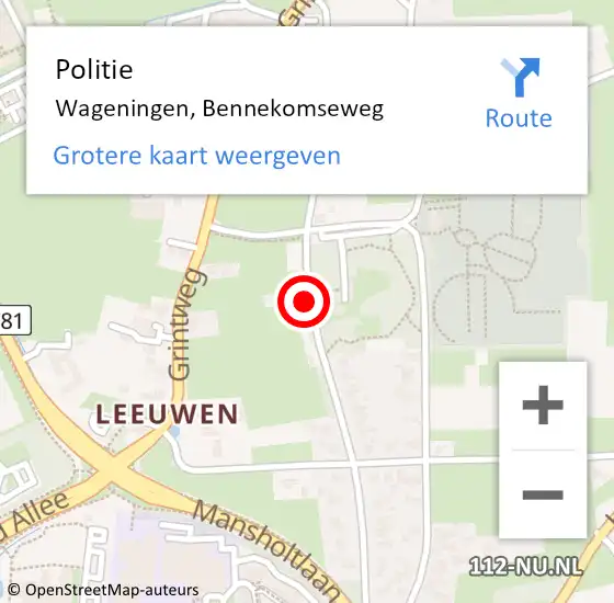 Locatie op kaart van de 112 melding: Politie Wageningen, Bennekomseweg op 7 april 2014 12:51