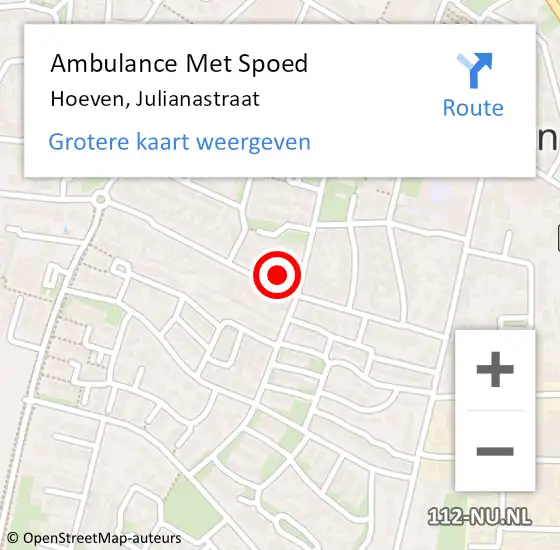 Locatie op kaart van de 112 melding: Ambulance Met Spoed Naar Hoeven, Julianastraat op 14 juli 2019 23:12