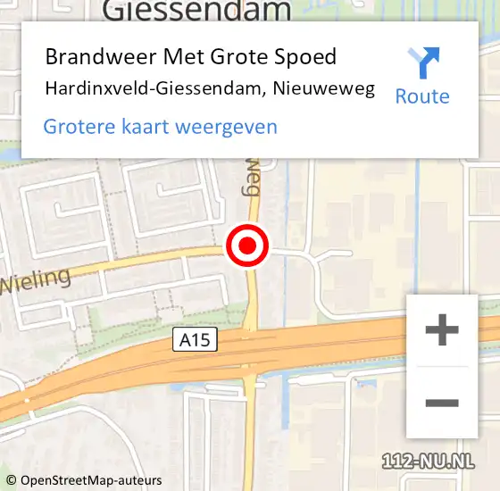 Locatie op kaart van de 112 melding: Brandweer Met Grote Spoed Naar Hardinxveld-Giessendam, Nieuweweg op 15 juli 2019 17:31