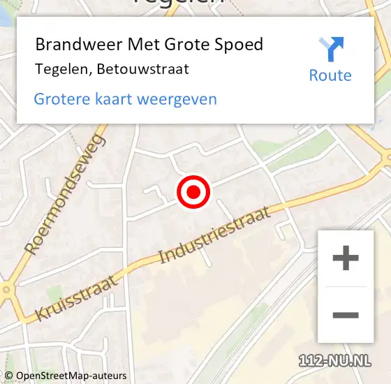 Locatie op kaart van de 112 melding: Brandweer Met Grote Spoed Naar Tegelen, Betouwstraat op 18 juli 2019 07:40