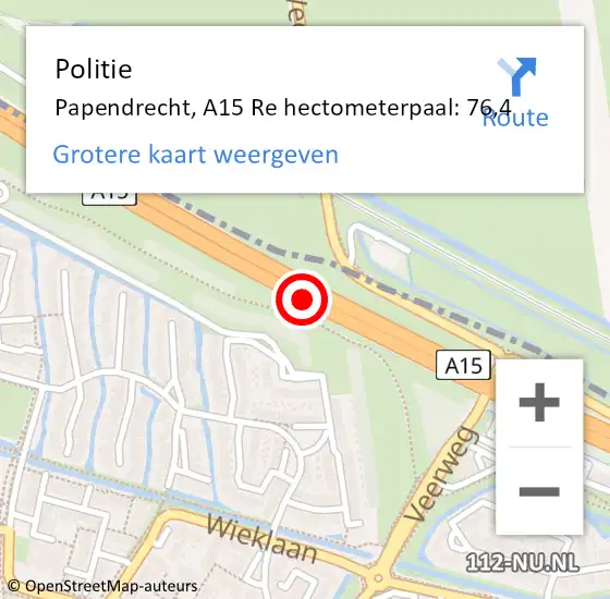 Locatie op kaart van de 112 melding: Politie Papendrecht, A15 Re op 19 juli 2019 13:28