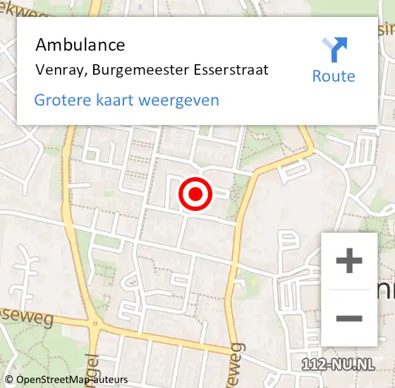 Locatie op kaart van de 112 melding: Ambulance Venray, Burgemeester Esserstraat op 20 juli 2019 08:30