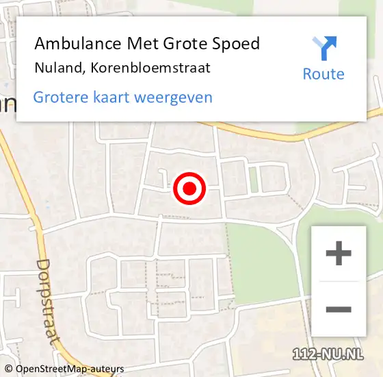 Locatie op kaart van de 112 melding: Ambulance Met Grote Spoed Naar Nuland, Korenbloemstraat op 20 juli 2019 12:38