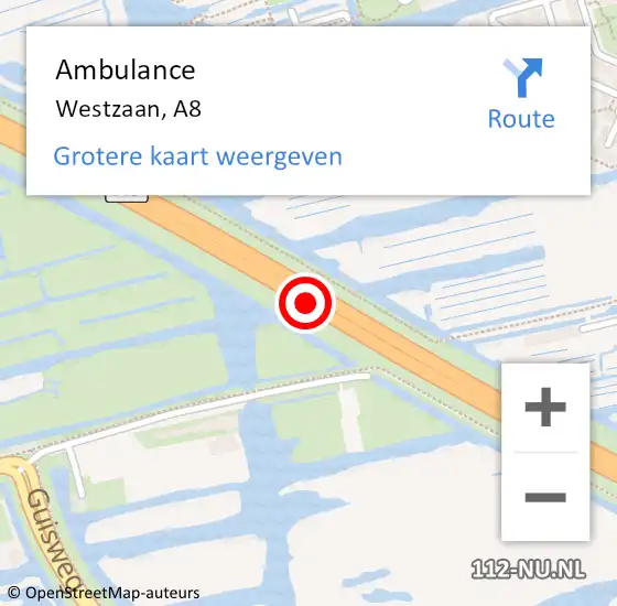Locatie op kaart van de 112 melding: Ambulance Westzaan, A8 op 21 juli 2019 00:09