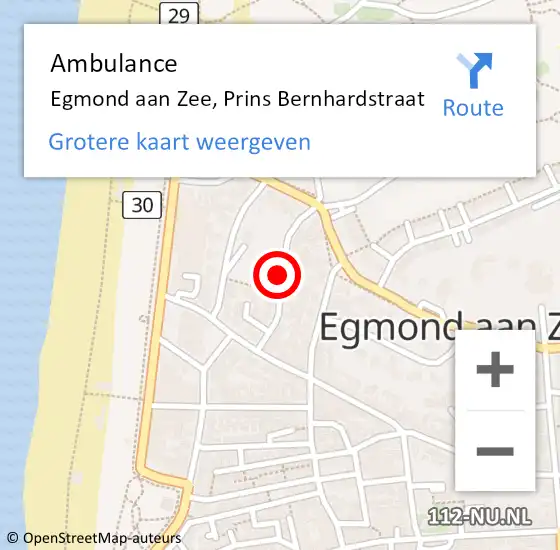 Locatie op kaart van de 112 melding: Ambulance Egmond aan Zee, Prins Bernhardstraat op 21 juli 2019 11:38