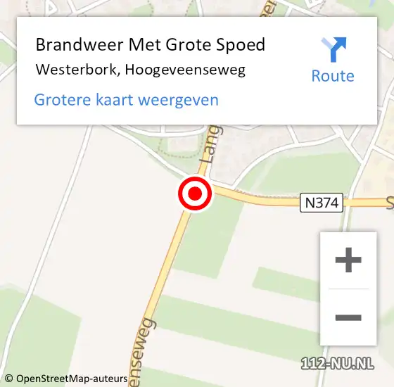 Locatie op kaart van de 112 melding: Brandweer Met Grote Spoed Naar Westerbork, Hoogeveenseweg op 22 juli 2019 17:11