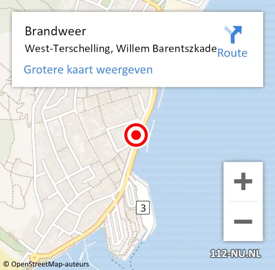 Locatie op kaart van de 112 melding: Brandweer West-Terschelling, Willem Barentszkade op 22 juli 2019 19:37