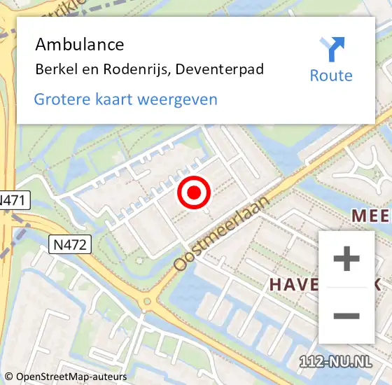 Locatie op kaart van de 112 melding: Ambulance Berkel en Rodenrijs, Deventerpad op 23 juli 2019 13:13