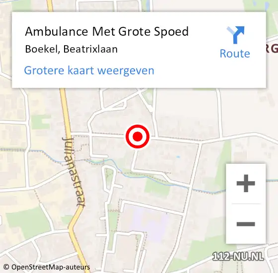 Locatie op kaart van de 112 melding: Ambulance Met Grote Spoed Naar Boekel, Beatrixlaan op 24 juli 2019 22:25