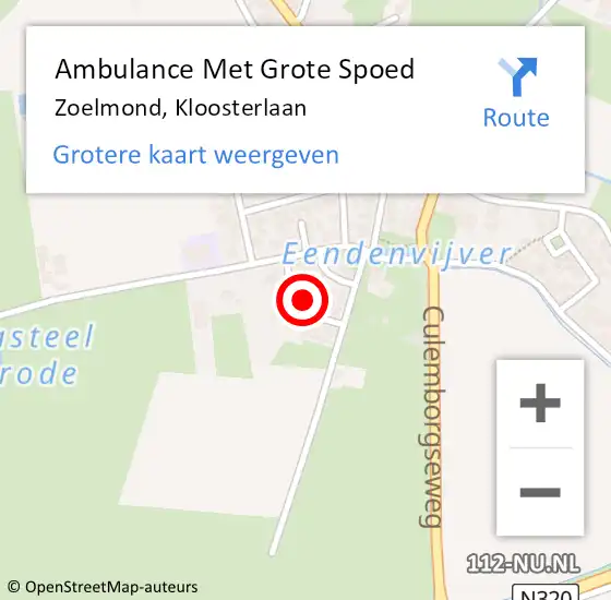 Locatie op kaart van de 112 melding: Ambulance Met Grote Spoed Naar Zoelmond, Kloosterlaan op 25 juli 2019 07:48