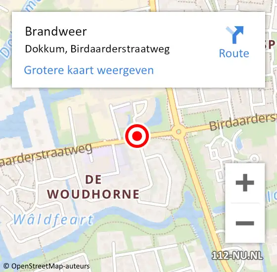 Locatie op kaart van de 112 melding: Brandweer Dokkum, Birdaarderstraatweg op 25 juli 2019 19:01