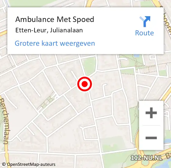 Locatie op kaart van de 112 melding: Ambulance Met Spoed Naar Etten-Leur, Julianalaan op 26 juli 2019 09:45