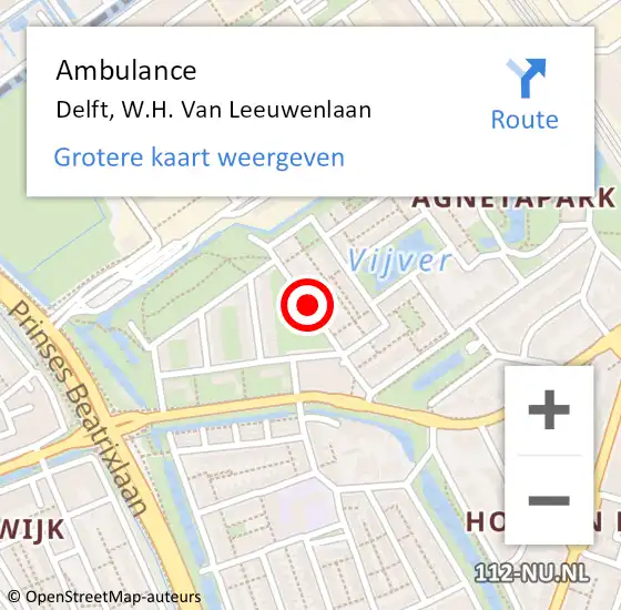 Locatie op kaart van de 112 melding: Ambulance Delft, W.H. Van Leeuwenlaan op 26 juli 2019 15:01