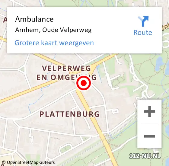 Locatie op kaart van de 112 melding: Ambulance Arnhem, Oude Velperweg op 27 juli 2019 17:04