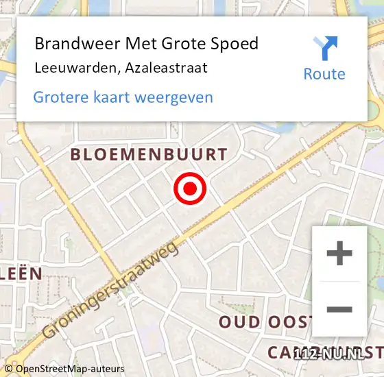 Locatie op kaart van de 112 melding: Brandweer Met Grote Spoed Naar Leeuwarden, Azaleastraat op 27 juli 2019 18:03