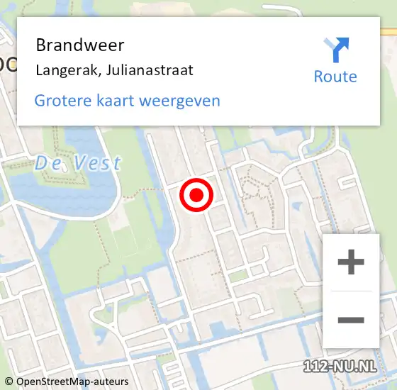 Locatie op kaart van de 112 melding: Brandweer Langerak, Julianastraat op 28 juli 2019 08:26