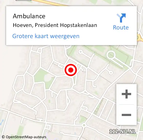 Locatie op kaart van de 112 melding: Ambulance Hoeven, President Hopstakenlaan op 29 juli 2019 08:58