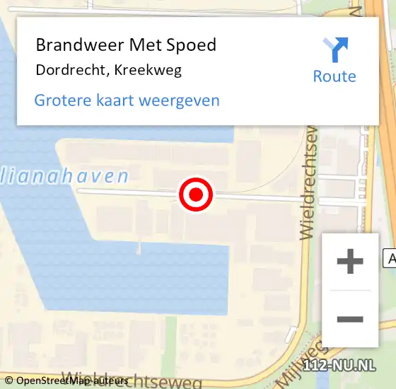 Locatie op kaart van de 112 melding: Brandweer Met Spoed Naar Dordrecht, Kreekweg op 29 juli 2019 15:52