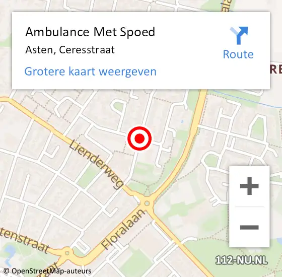 Locatie op kaart van de 112 melding: Ambulance Met Spoed Naar Asten, Ceresstraat op 30 juli 2019 12:00