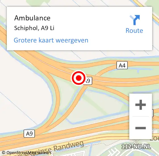 Locatie op kaart van de 112 melding: Ambulance Schiphol, A9 Li op 31 juli 2019 14:07