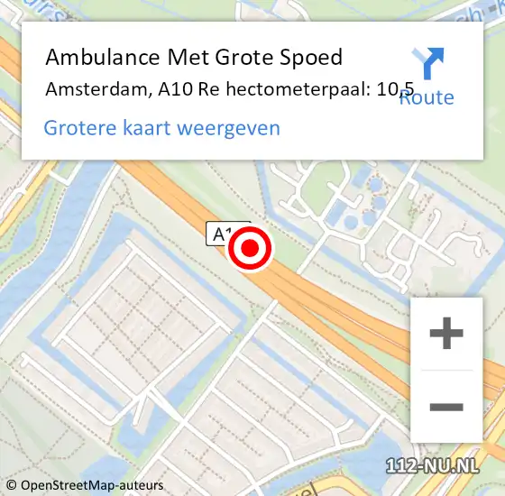 Locatie op kaart van de 112 melding: Ambulance Met Grote Spoed Naar Amsterdam, A10 Re hectometerpaal: 10,5 op 3 augustus 2019 08:24