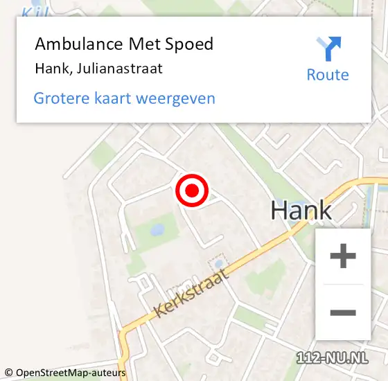 Locatie op kaart van de 112 melding: Ambulance Met Spoed Naar Hank, Julianastraat op 3 augustus 2019 13:35