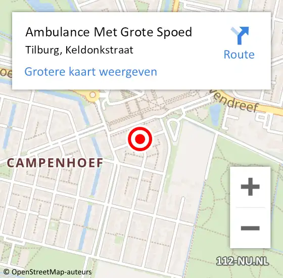 Locatie op kaart van de 112 melding: Ambulance Met Grote Spoed Naar Tilburg, Keldonkstraat op 4 augustus 2019 22:49