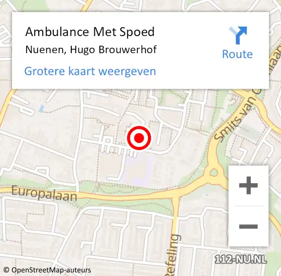 Locatie op kaart van de 112 melding: Ambulance Met Spoed Naar Nuenen, Hugo Brouwerhof op 5 augustus 2019 23:43