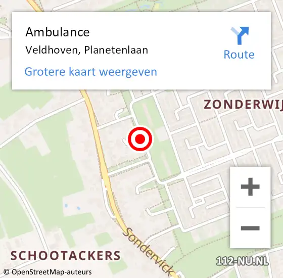 Locatie op kaart van de 112 melding: Ambulance Veldhoven, Planetenlaan op 6 augustus 2019 09:26