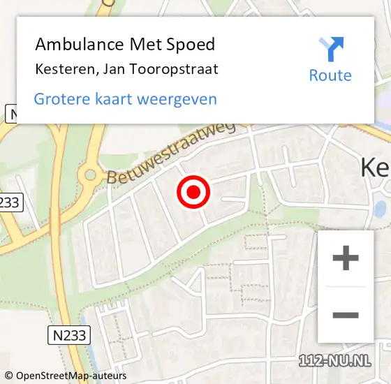 Locatie op kaart van de 112 melding: Ambulance Met Spoed Naar Kesteren, Jan Tooropstraat op 6 augustus 2019 10:40