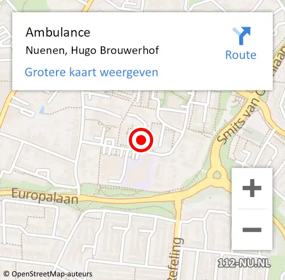 Locatie op kaart van de 112 melding: Ambulance Nuenen, Hugo Brouwerhof op 6 augustus 2019 13:56