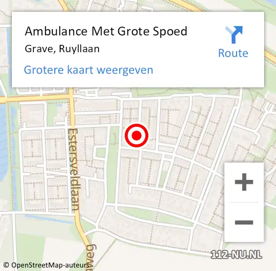 Locatie op kaart van de 112 melding: Ambulance Met Grote Spoed Naar Grave, Ruyllaan op 6 augustus 2019 18:20