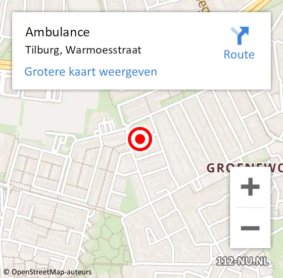 Locatie op kaart van de 112 melding: Ambulance Tilburg, Warmoesstraat op 7 augustus 2019 16:05