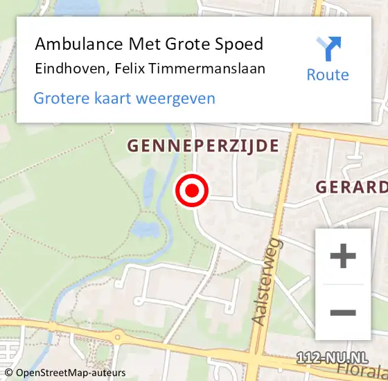 Locatie op kaart van de 112 melding: Ambulance Met Grote Spoed Naar Eindhoven, Felix Timmermanslaan op 7 augustus 2019 22:58