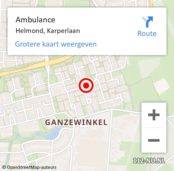 Locatie op kaart van de 112 melding: Ambulance Helmond, Karperlaan op 8 augustus 2019 04:27