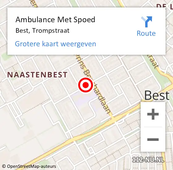 Locatie op kaart van de 112 melding: Ambulance Met Spoed Naar Best, Trompstraat op 9 augustus 2019 06:40