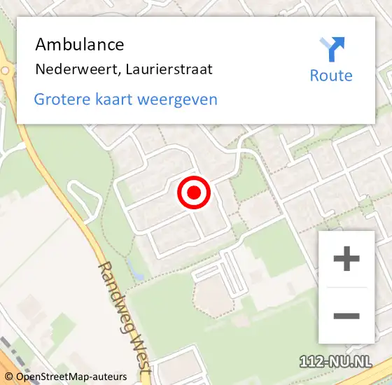 Locatie op kaart van de 112 melding: Ambulance Nederweert, Laurierstraat op 9 augustus 2019 11:59