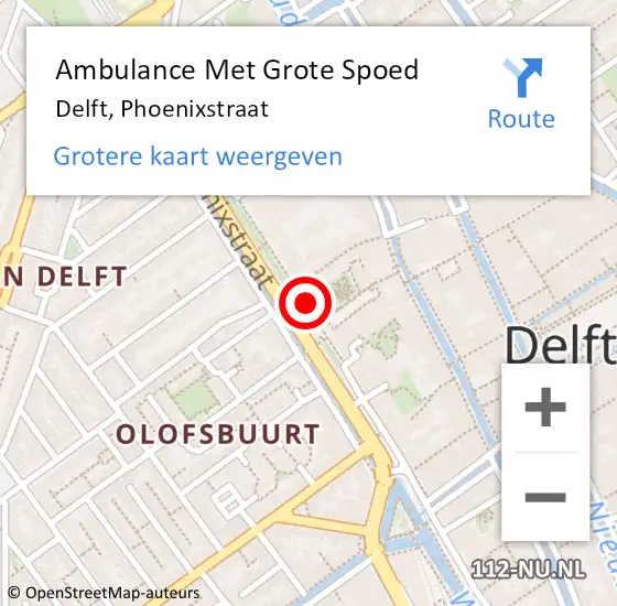 Locatie op kaart van de 112 melding: Ambulance Met Grote Spoed Naar Delft, Phoenixstraat op 9 augustus 2019 12:12