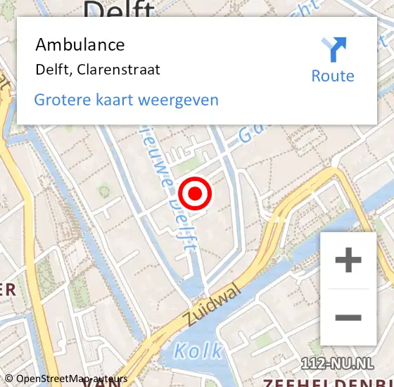 Locatie op kaart van de 112 melding: Ambulance Delft, Clarenstraat op 9 augustus 2019 17:04