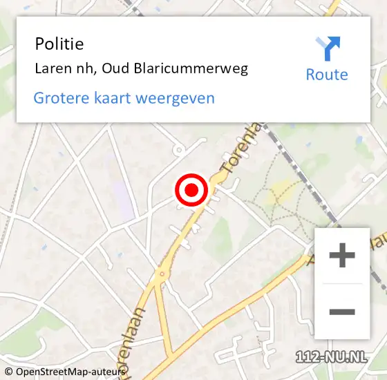 Locatie op kaart van de 112 melding: Politie Laren nh, Oud Blaricummerweg op 10 augustus 2019 13:03