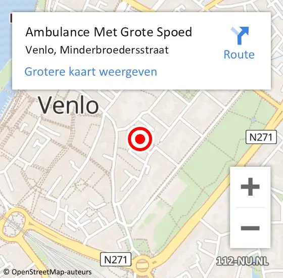 Locatie op kaart van de 112 melding: Ambulance Met Grote Spoed Naar Venlo, Minderbroedersstraat op 10 augustus 2019 18:53