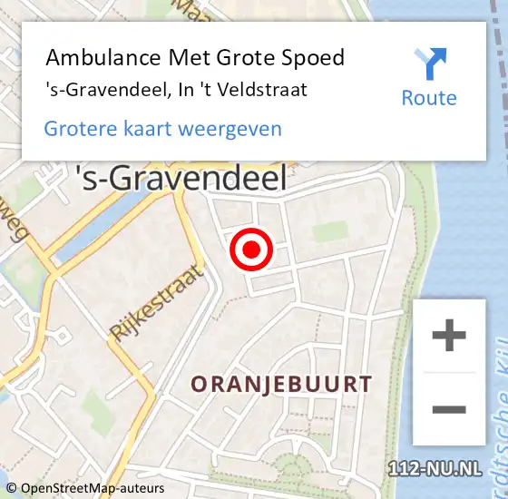 Locatie op kaart van de 112 melding: Ambulance Met Grote Spoed Naar 's-Gravendeel, In 't Veldstraat op 10 augustus 2019 20:45