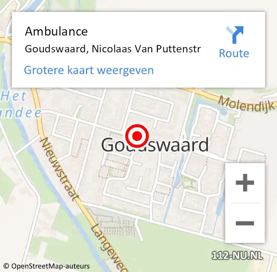 Locatie op kaart van de 112 melding: Ambulance Goudswaard, Nicolaas Van Puttenstr op 11 augustus 2019 10:49