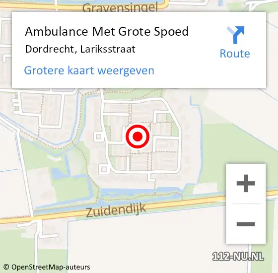 Locatie op kaart van de 112 melding: Ambulance Met Grote Spoed Naar Dordrecht, Lariksstraat op 11 augustus 2019 14:20