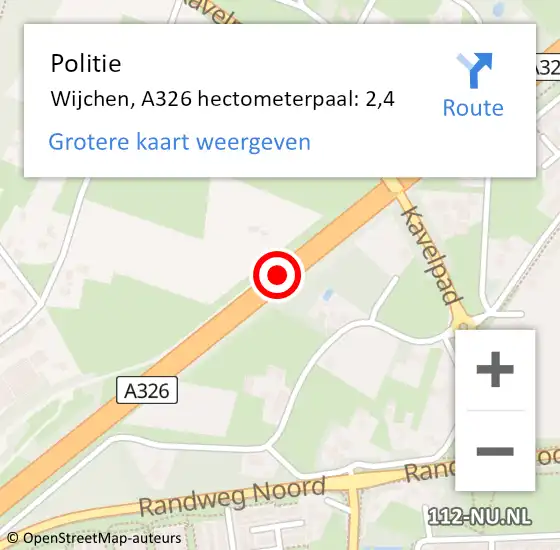 Locatie op kaart van de 112 melding: Politie Wijchen, A326 hectometerpaal: 2,0 op 12 augustus 2019 16:37