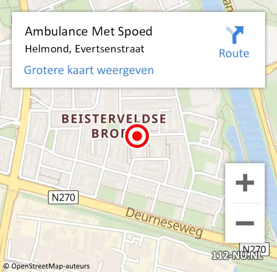 Locatie op kaart van de 112 melding: Ambulance Met Spoed Naar Helmond, Evertsenstraat op 13 augustus 2019 07:26