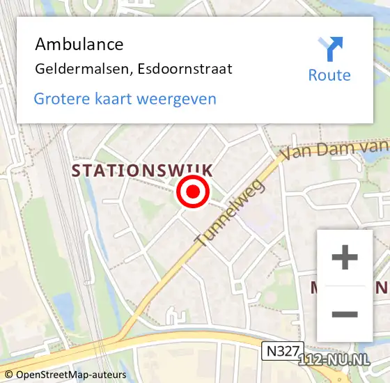 Locatie op kaart van de 112 melding: Ambulance Geldermalsen, Esdoornstraat op 15 augustus 2019 08:43