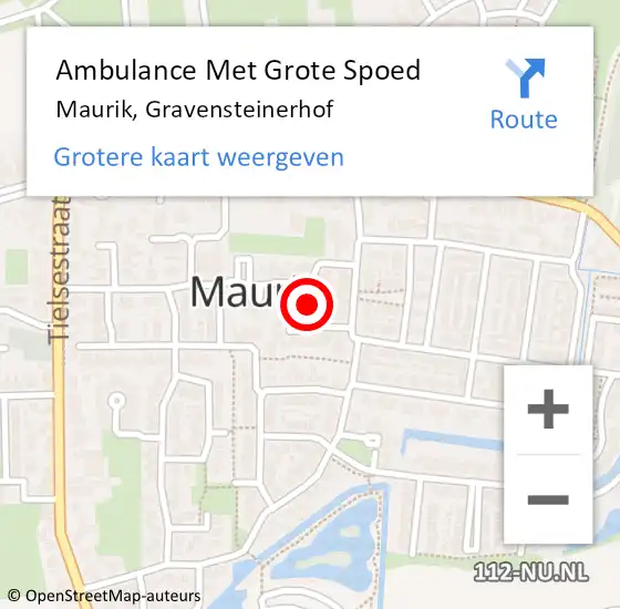 Locatie op kaart van de 112 melding: Ambulance Met Grote Spoed Naar Maurik, Gravensteinerhof op 15 augustus 2019 09:25